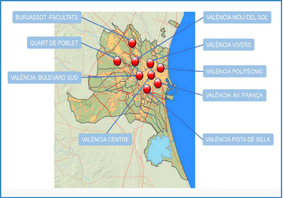 Mapa de las estaciones de la Red Valenciana de Control de la Contaminación Atmosférica